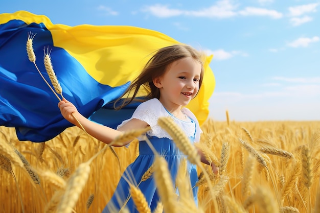 Niña con la bandera ucraniana en el campo de trigo