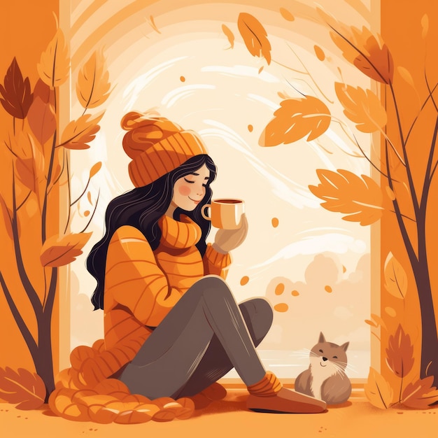 Una niña bebe una bebida caliente de una taza en el bosque de otoño Acogedora ilustración plana de otoño