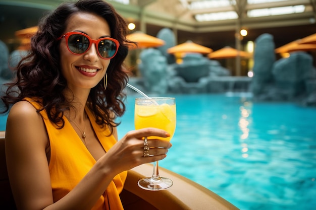 Niña bebe jugo de naranja junto a la piscina Generado por IA