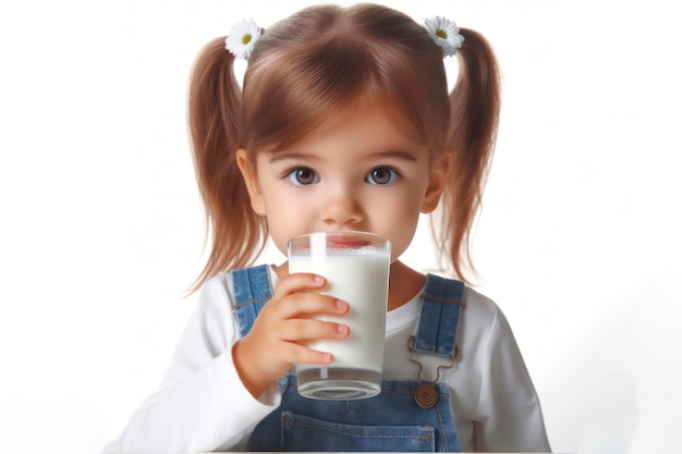 niña bebiendo leche aislada en un fondo blanco ai generativo