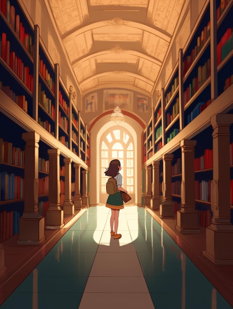 Una niña en una biblioteca con libros en los estantes.