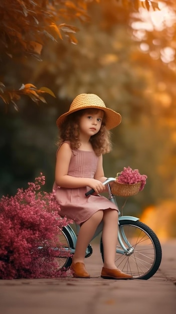 Una niña en bicicleta con una canasta de flores.