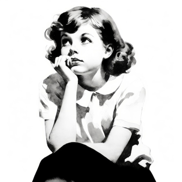 Foto niña blanca pensando y dudas ilustración vintage personaje de mujer joven con cara de ensueño sobre fondo abstracto ai generó cartel retro en blanco y negro