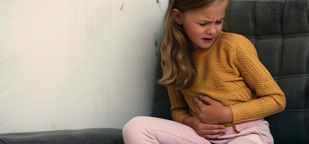 Foto niña blanca que sufre de dolor abdominal