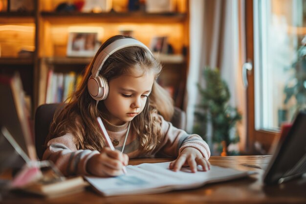 Niña blanca sentada en casa usando auriculares y haciendo la tarea