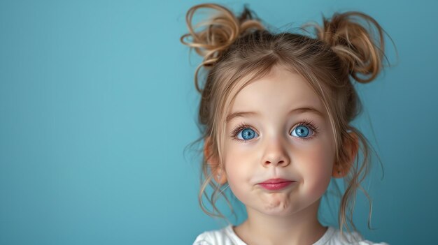 Una niña bonita está haciendo una cara en el espacio de fondo limpio IA generativa