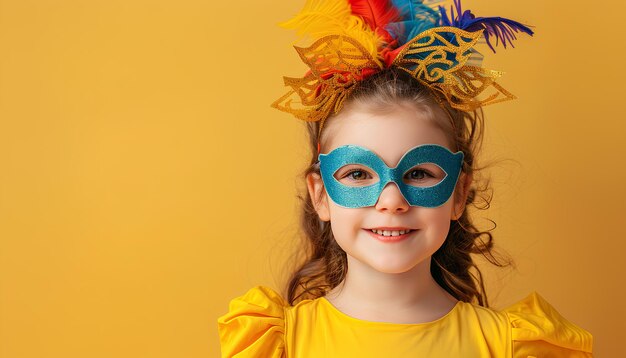 Una niña bonita con una máscara de carnaval sobre un fondo amarillo