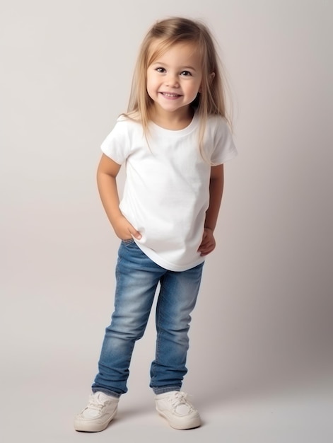 Niña bonita modelo sonriente posando en cámara en estudio brillante