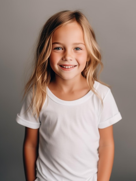 Niña bonita modelo sonriente posando en cámara en estudio brillante