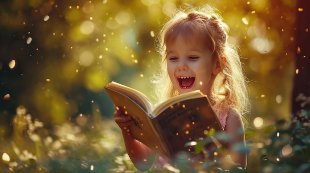 Foto niña bonita la niña está contenta con el libro.