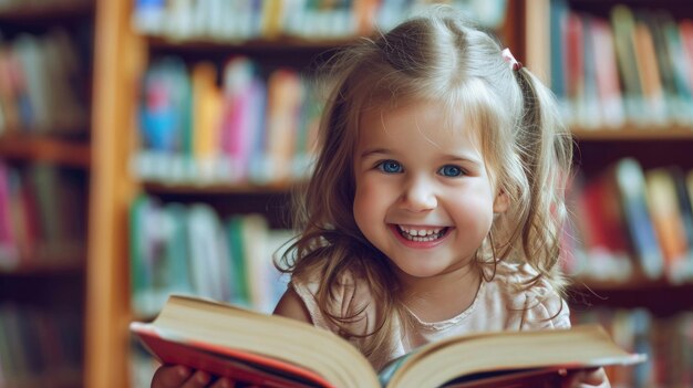 Niña bonita La niña está contenta con el libro.