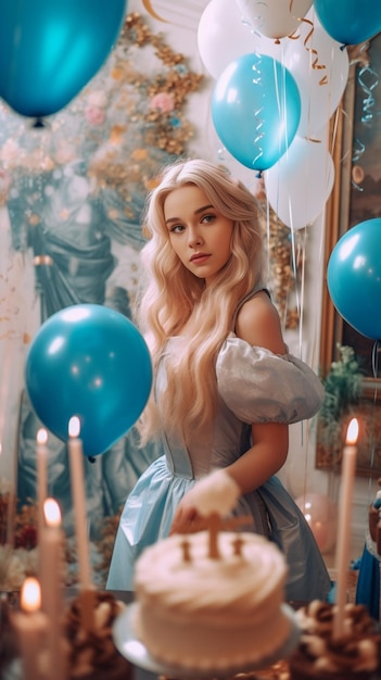 Niña bonita rubia con colas en un vestido de fiesta largo blanco sosteniendo un pastel de cumpleaños IA generativa