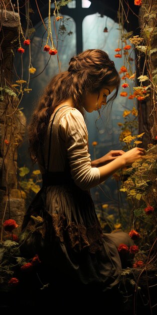 una niña en un bosque de flores