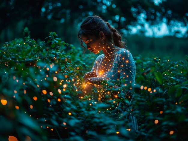 Niña en un bosque mágico con pequeñas linternas brillantes generativa ai