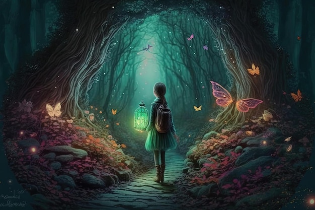 Una niña en un bosque mágico rodeada de luciérnagas resplandecientes El bosque está lleno de árboles altos y una exuberante vegetación que crea una atmósfera mística y encantadora IA generativa