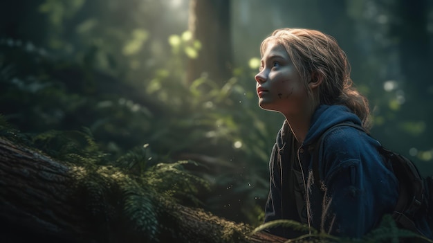 Una niña en un bosque mirando al cielo.