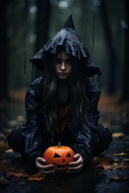 Una niña en el bosque sostiene una calabaza.