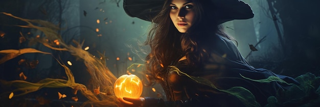 Niña bruja de Halloween con hacer magia de brujería