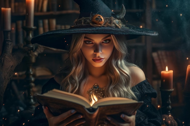 Niña bruja de Halloween con libro mágico creada con tecnología de IA generativa