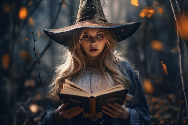 Niña bruja de Halloween con libro mágico creada con tecnología de IA generativa