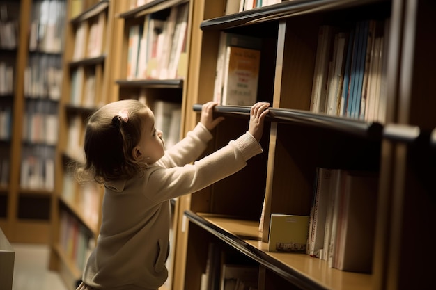 Una niña busca un libro en una biblioteca.