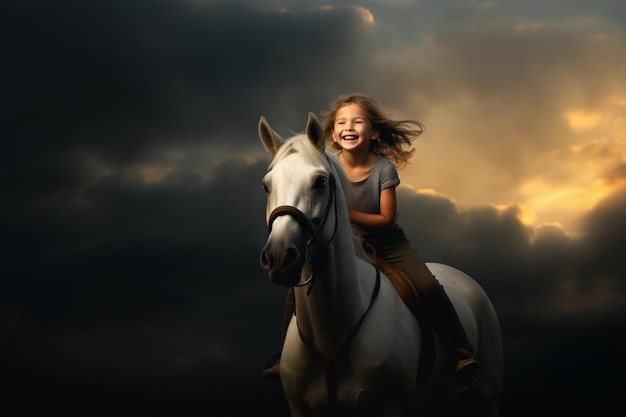 una niña a caballo con las palabras feliz sonriendo en la cara.