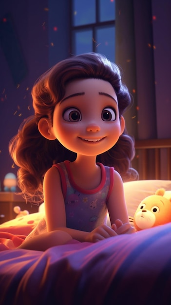 Una niña de cabello castaño y un oso de juguete en su cama.