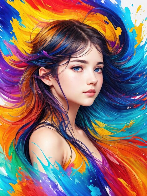 Una niña con cabello colorido se muestra con una pintura de cabello colorida.