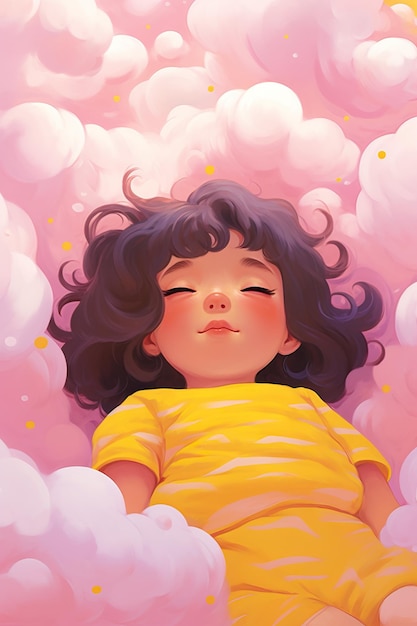 Foto niña de cabello largo rodeada de burbujas rosadas mientras sueña sobre una nube imaginación en el concepto de los niños