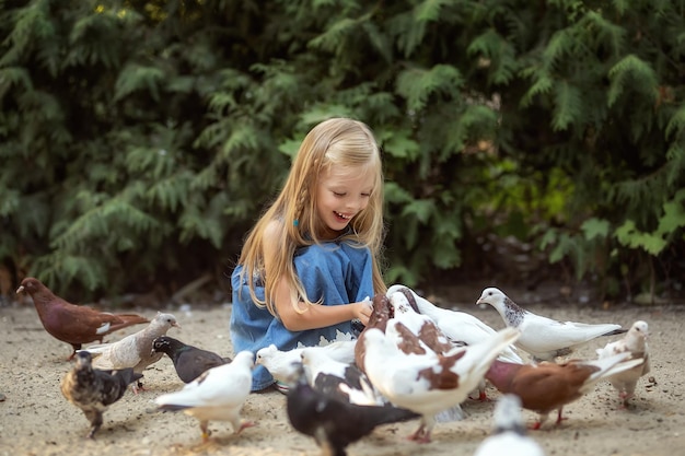 Una niña con cabello largo y rubio alimenta palomas en el parque Los niños cuidan animales en la calle