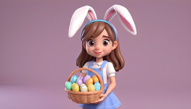 Niña de cabello medio con vestido azul con orejas de conejo sosteniendo una canasta de huevos de Pascua