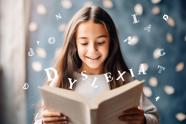 Una niña de cabello oscuro está leyendo un libro El concepto de ayudar a los niños con dislexia