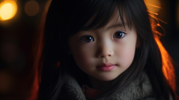 Una niña con cabello oscuro y ojos marrones mira a la cámara.