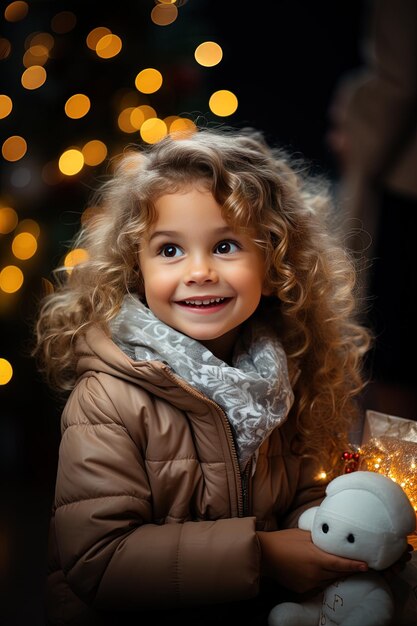 una niña con el cabello rizado con un abrigo de invierno y una bufanda sosteniendo una vela