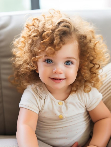 Foto una niña con el cabello rizado y una camisa blanca