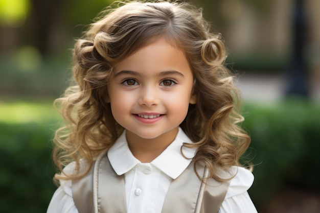 una niña con el cabello rizado con una camisa blanca