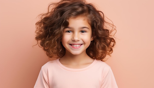 una niña con el cabello rizado con una camisa rosa