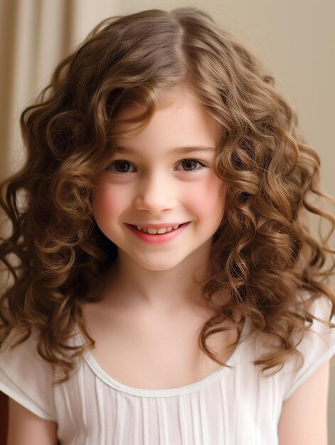 Foto una niña con el cabello rizado y una camiseta blanca está sonriendo