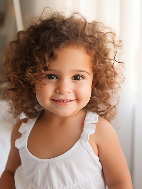 Foto una niña con el cabello rizado y una camiseta blanca