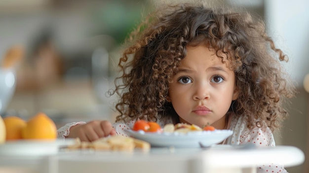 Niña de cabello rizado con una mirada contemplativa no comiendo su comida