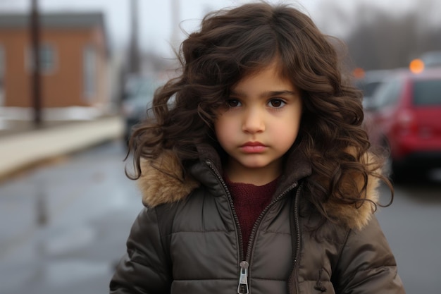 una niña con el cabello rizado de pie en la calle