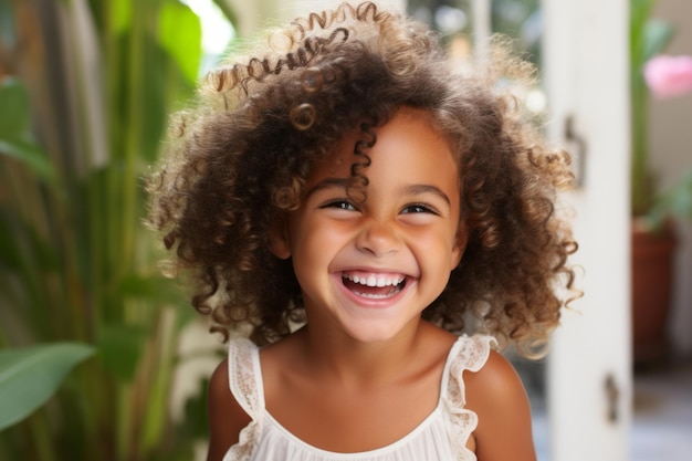 una niña con el cabello rizado sonríe a la cámara