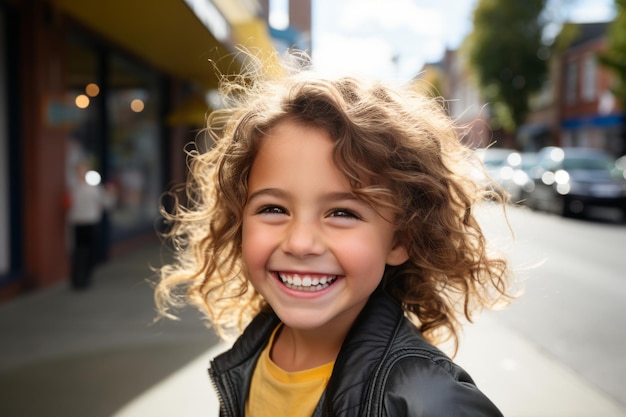 una niña con cabello rizado sonríe para la cámara