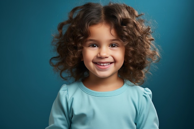 Una niña con el cabello rizado sonriendo cálidamente a la cámara
