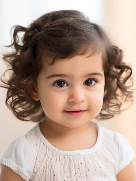 Foto una niña con el cabello rizado y un vestido blanco