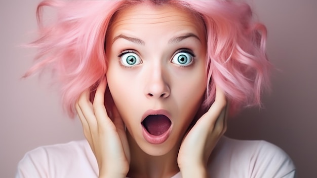 Foto niña con cabello rosa con una emoción de sorpresa en su cara red neuronal ai generada
