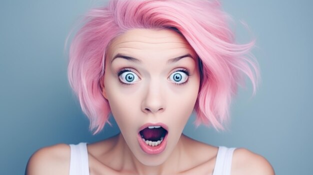 Foto niña con cabello rosa con una emoción de sorpresa en su cara red neuronal ai generada