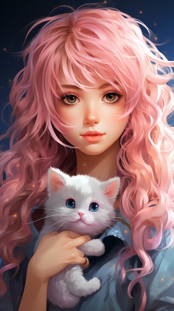 una niña con cabello rosado sosteniendo un gato blanco