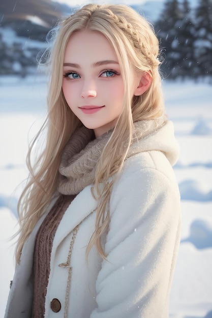 Niña con cabello rubio en la nieve