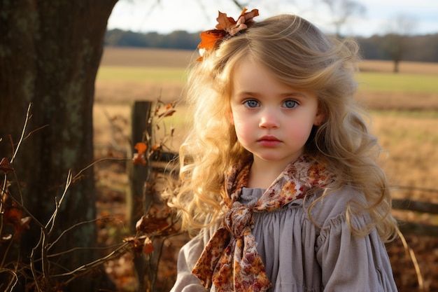 una niña con cabello rubio de pie frente a un árbol